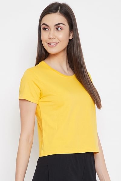 Basic Cropped Casual Tee in Yellow - 100% Cotton