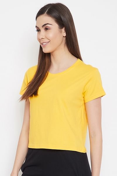 Basic Cropped Casual Tee in Yellow - 100% Cotton