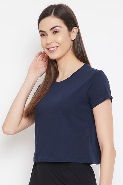 Basic Cropped Casual Tee in Navy Blue - 100% Cotton