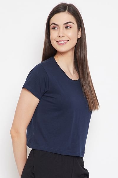 Basic Cropped Casual Tee in Navy Blue - 100% Cotton