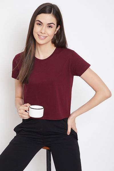 Basic Cropped Casual Tee in Maroon - 100% Cotton