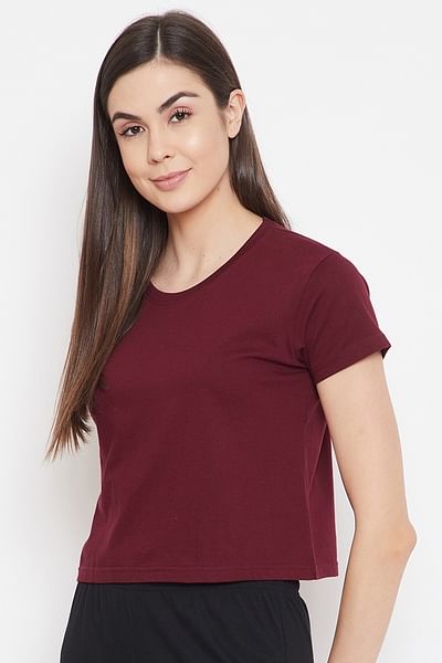 Basic Cropped Casual Tee in Maroon - 100% Cotton