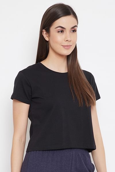 Basic Cropped Casual Tee in Black - 100% Cotton