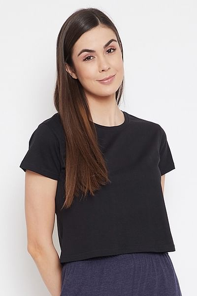 Basic Cropped Casual Tee in Black - 100% Cotton