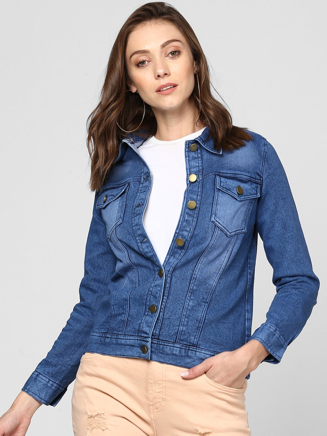 Women Blue Solid Jacket  - Front View - Available in Sizes S