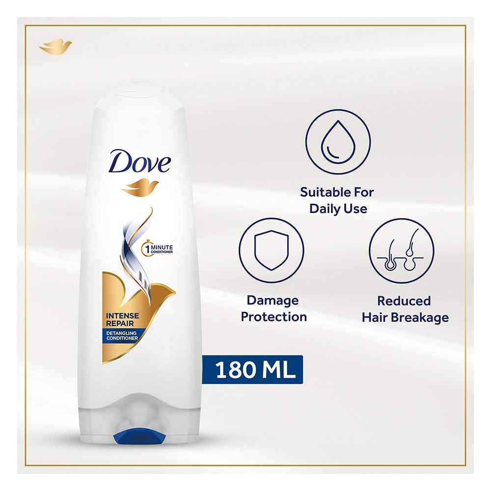 Dove Intense Repair Detangling Conditioner, Perfect For Damaged Hair, 180ml - Front View
