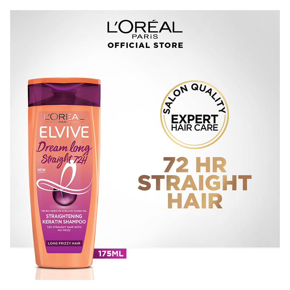 L'Oreal Paris Elvive Dream Long Straight 72Hrs Straightening Keratin Shampoo, Long Frizzy Hair, 175ml - Front View