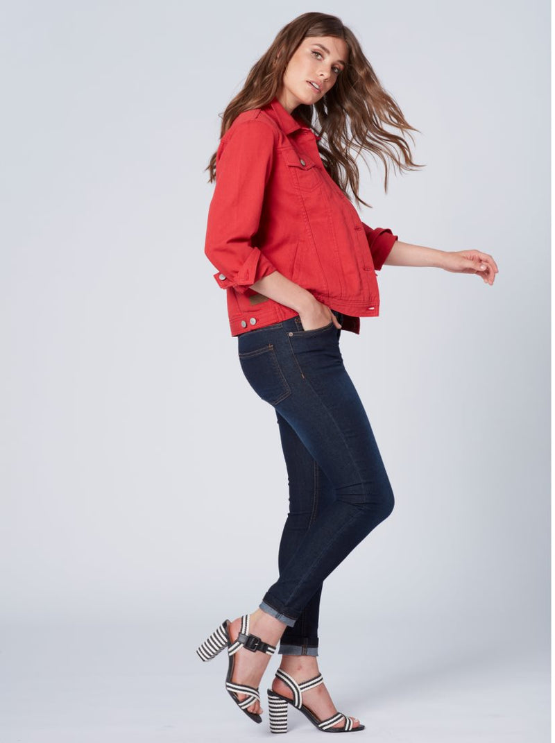 Women Red Solid Jacket  - Front View - Available in Sizes M