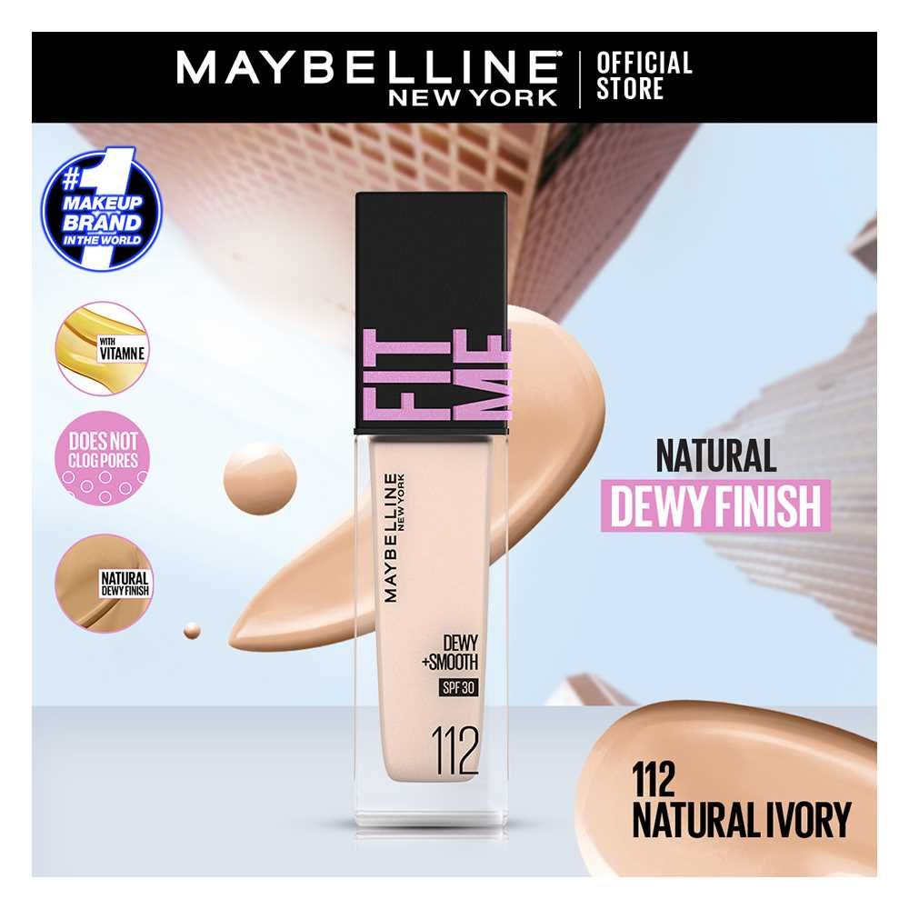 Maybelline New York Fit Me Dewy + Smooth SPF 30 Foundation Pump, 112 Natural Ivory, 30ml - Front View