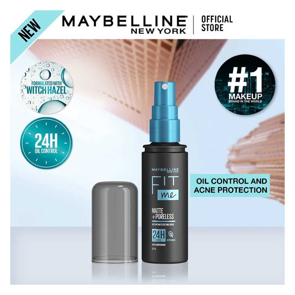 Maybelline New York Fit Me Matte + Poreless Setting Spray, Transfer-proof, 24H Oil-Control Formula with Witch Hazel, 60 ml - Front View