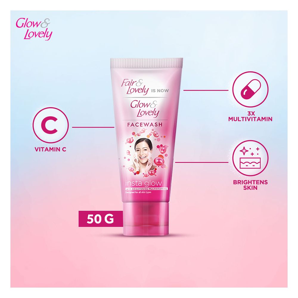 Fair & Lovely Is Now Glow & Lovely Insta Glow Face Wash, All Skin Types, 50g - Front View