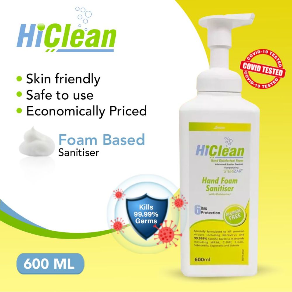 Hiclean Lemon Hand Foam Sanitiser With Moisturiser, Alcohol Free, 600ml - Front View