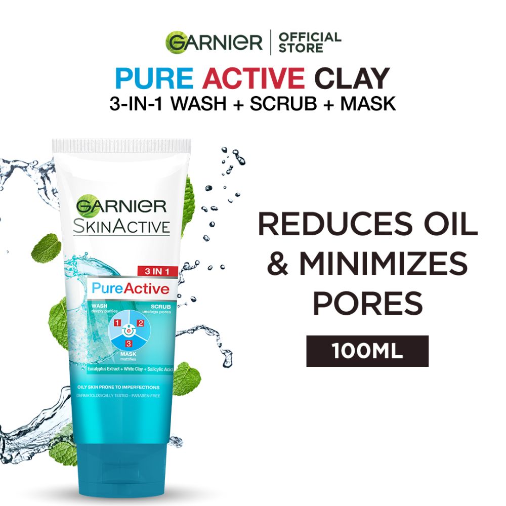 Garnier Skin Active Pure Active 3-in-1 Wash + Scrub +Mask, For Oily Skin, 100ml - Dissolve Dirt and Impurities - Front View