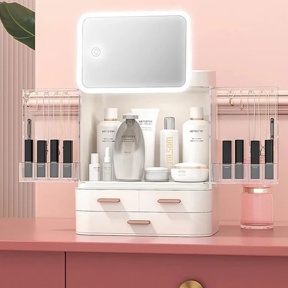 Matrix Classy Cosmetic Organizer With Mirror Without Led & Drawers, Large Capacity Makeup Organizer - Front View
