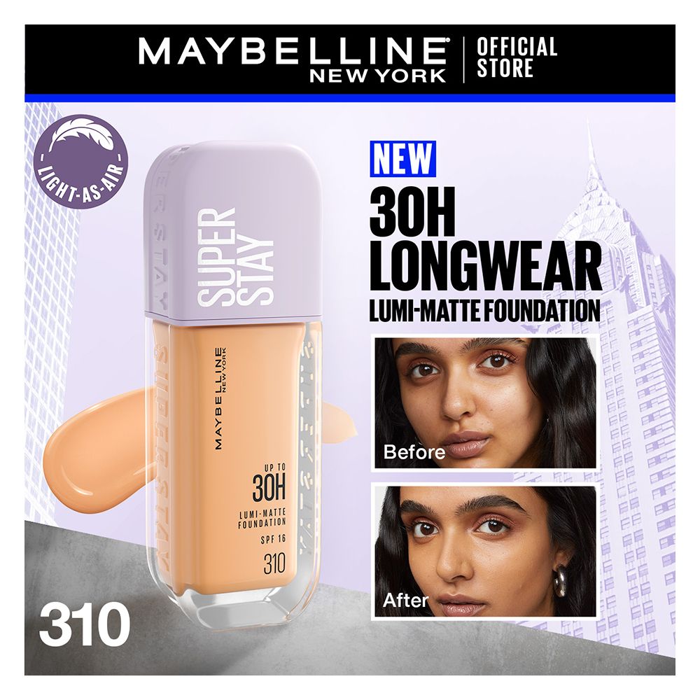 Maybelline New York Superstay Lumi Matte Liquid Foundation With SPF-16, 30H Weightless Longwear, 30ml, 310 - Front View