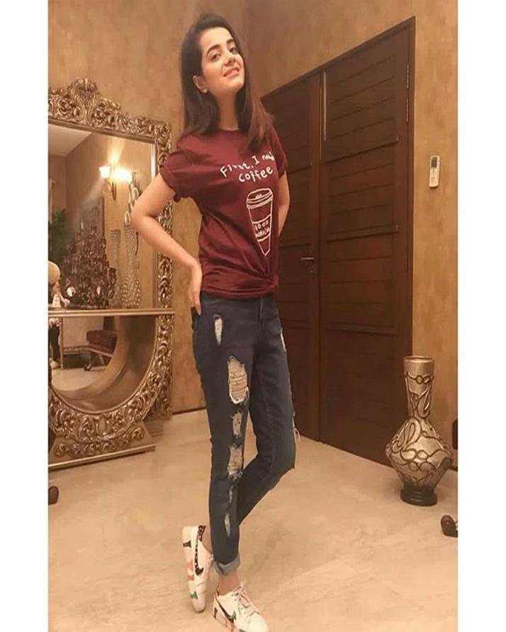 Maroon First I Need Coffee Cotton Printed T-Shirt For Women - Front View - AceCart