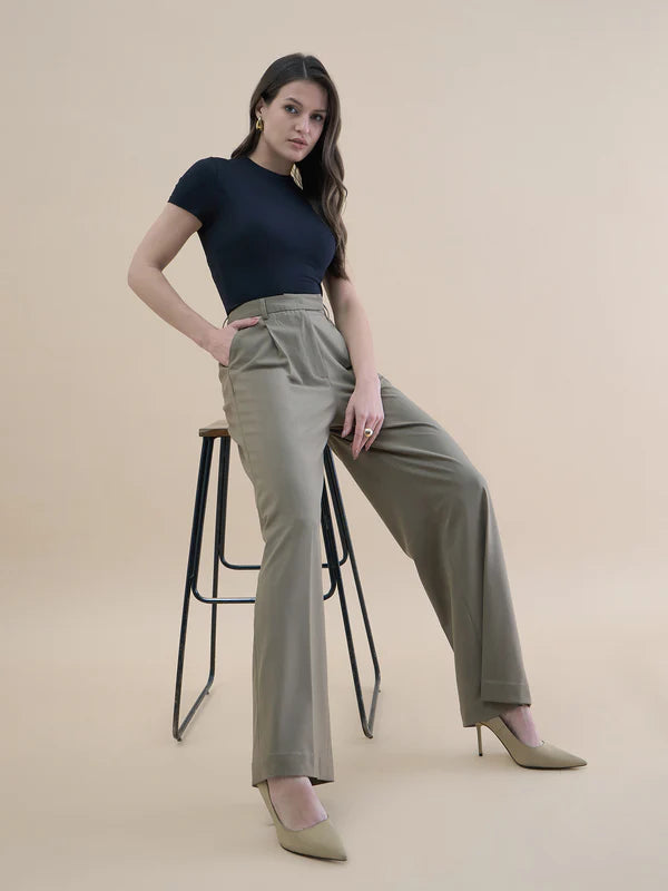 Women High-Waist Pleated Straight Leg Relaxed Fit Trouser Pant