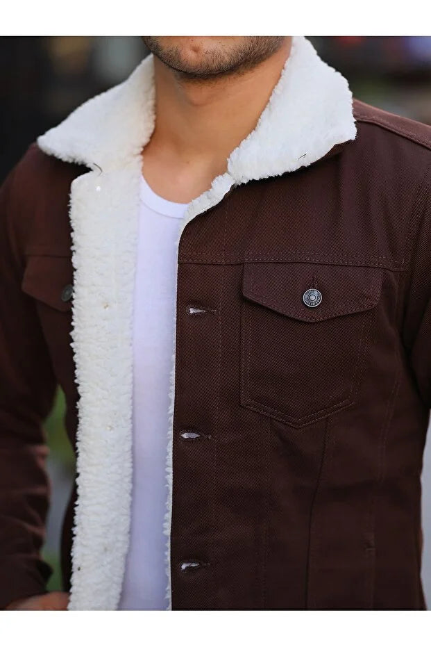 Premium Brown Denim Jacket with White Fur Lining