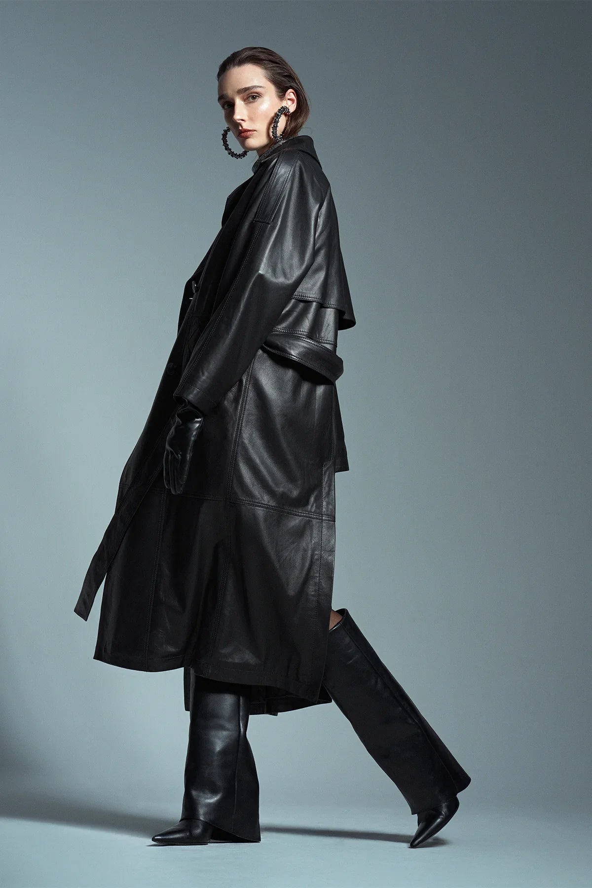 Women's Black Double Breasted Long Leather Trench Coat