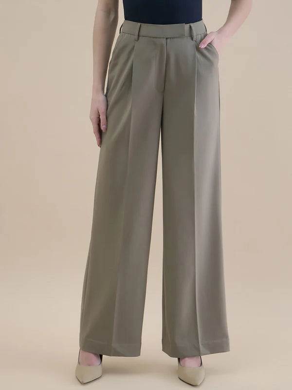 Women High-Waist Pleated Straight Leg Relaxed Fit Trouser Pant