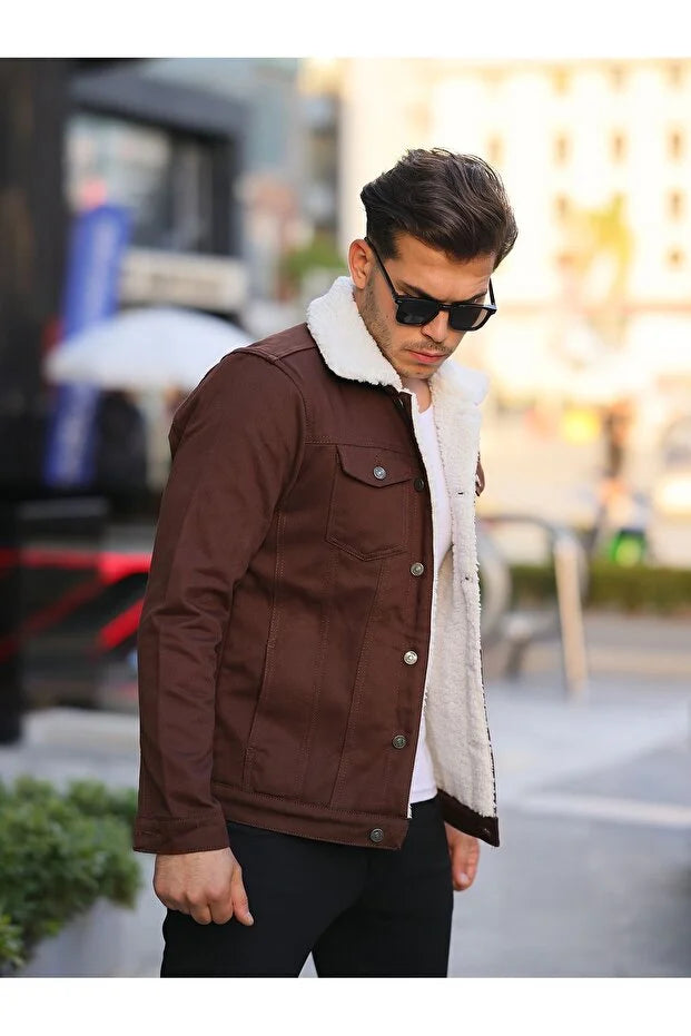 Premium Brown Denim Jacket with White Fur Lining