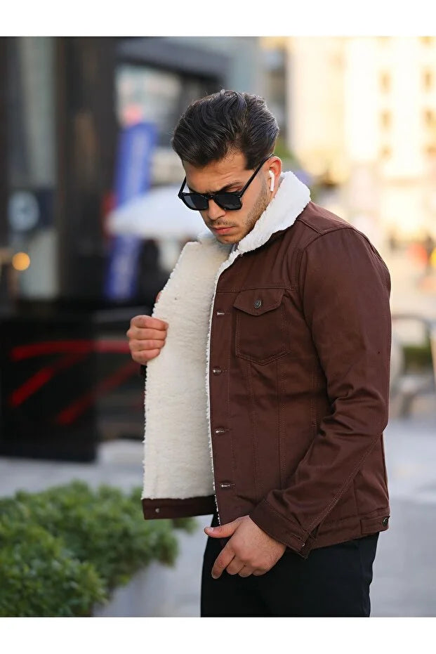 Premium Brown Denim Jacket with White Fur Lining