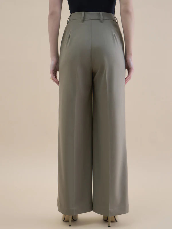 Women High-Waist Pleated Straight Leg Relaxed Fit Trouser Pant