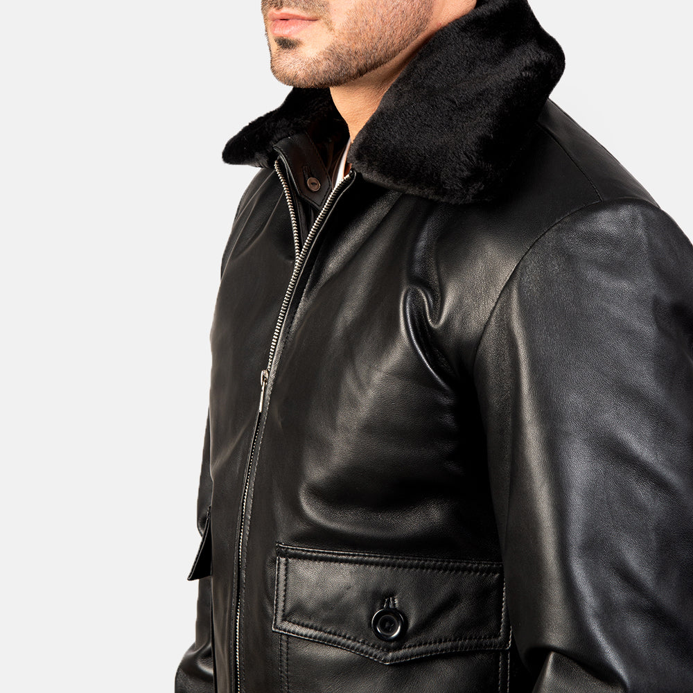 Black Collar Fur Leather Bomber Jacket