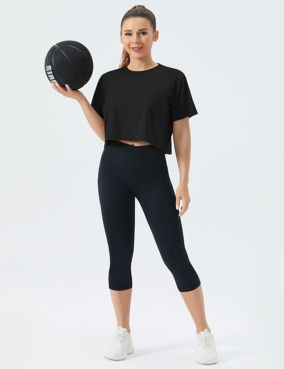 Women's Workout Crop Top T-Shirt Yoga Running Cropped Basic Tee Black - Front View - AceCart