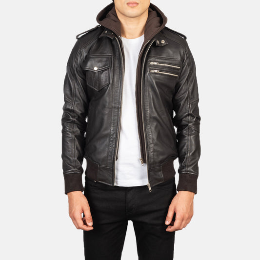 Cognac Brown Hooded Leather Bomber Jacket