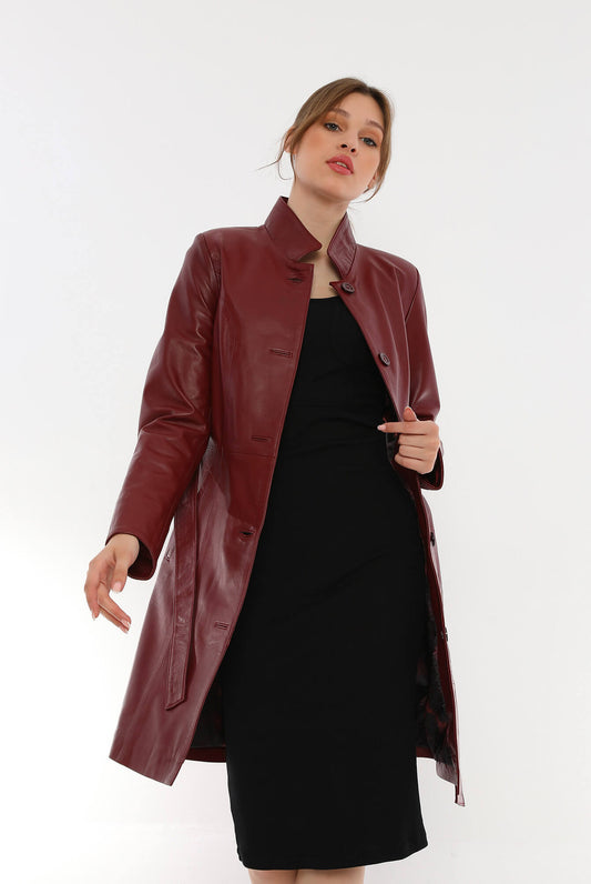 Alexa Maroon Leather Trench Coat For Women