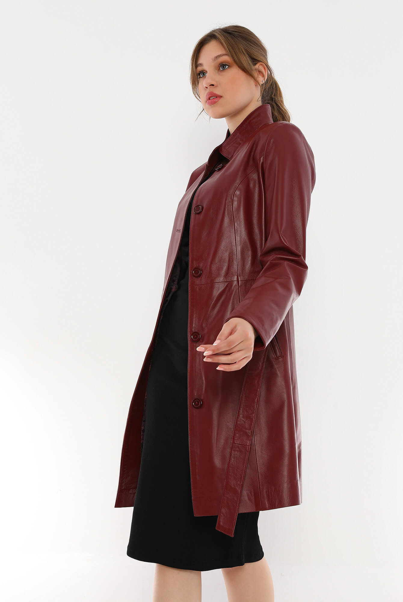 Alexa Maroon Leather Trench Coat For Women