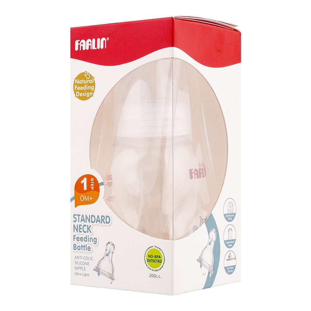 Farlin Anti-Colic Standard Neck Feeding Bottle, 200ml, NF-898 - Front View