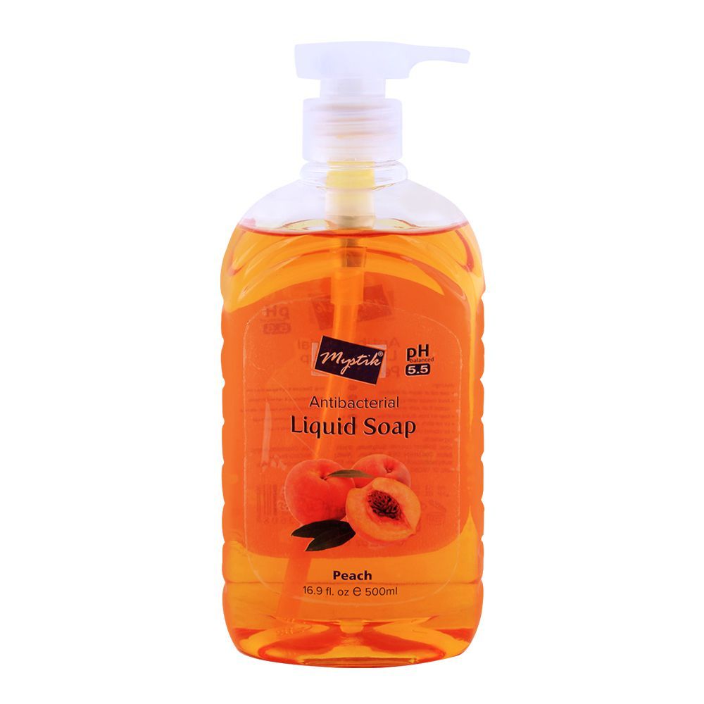 Mystik Anti-Bacterial Liquid Soap, Peach 500ml - Front View