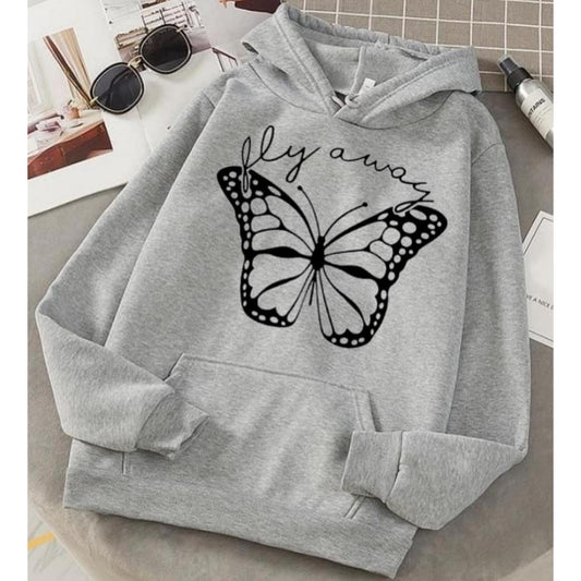 Fly Always Butterfly Grey Fleece Full Sleeves Pull Over Hoodie For Women