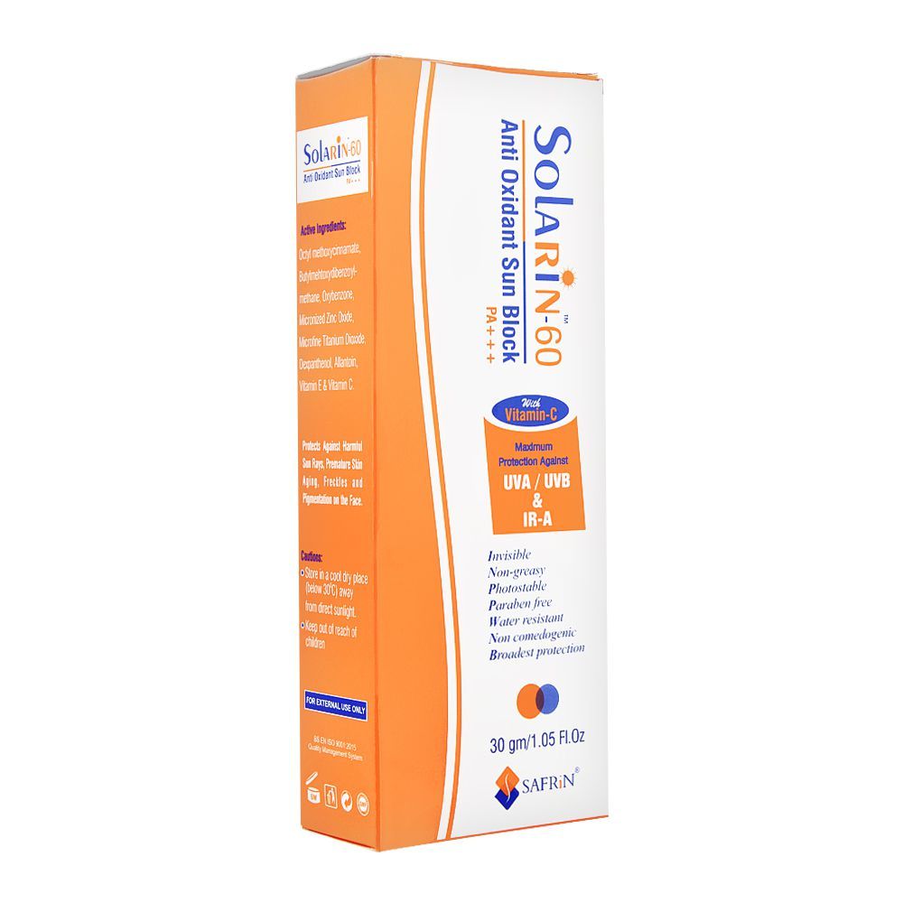 Solarin-60 Anti Oxidant Sun Block, PA+++, UAV/UVB, Paraben Free, 30g - Front View