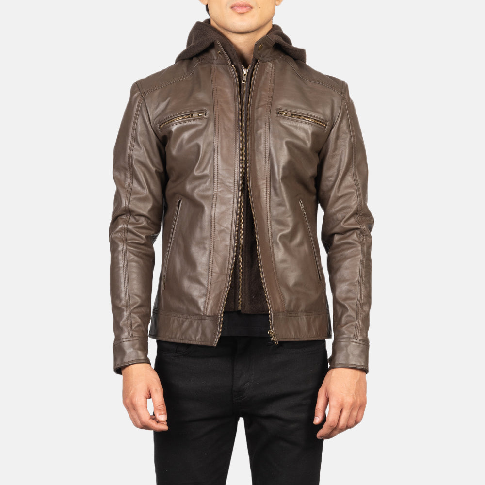 Men's Brown Hooded Leather Biker Jacket