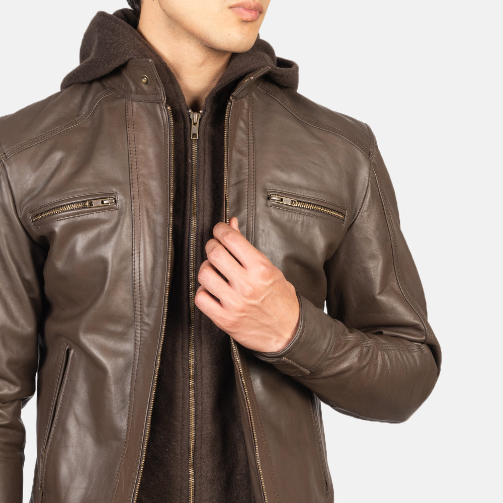 Men's Brown Hooded Leather Biker Jacket