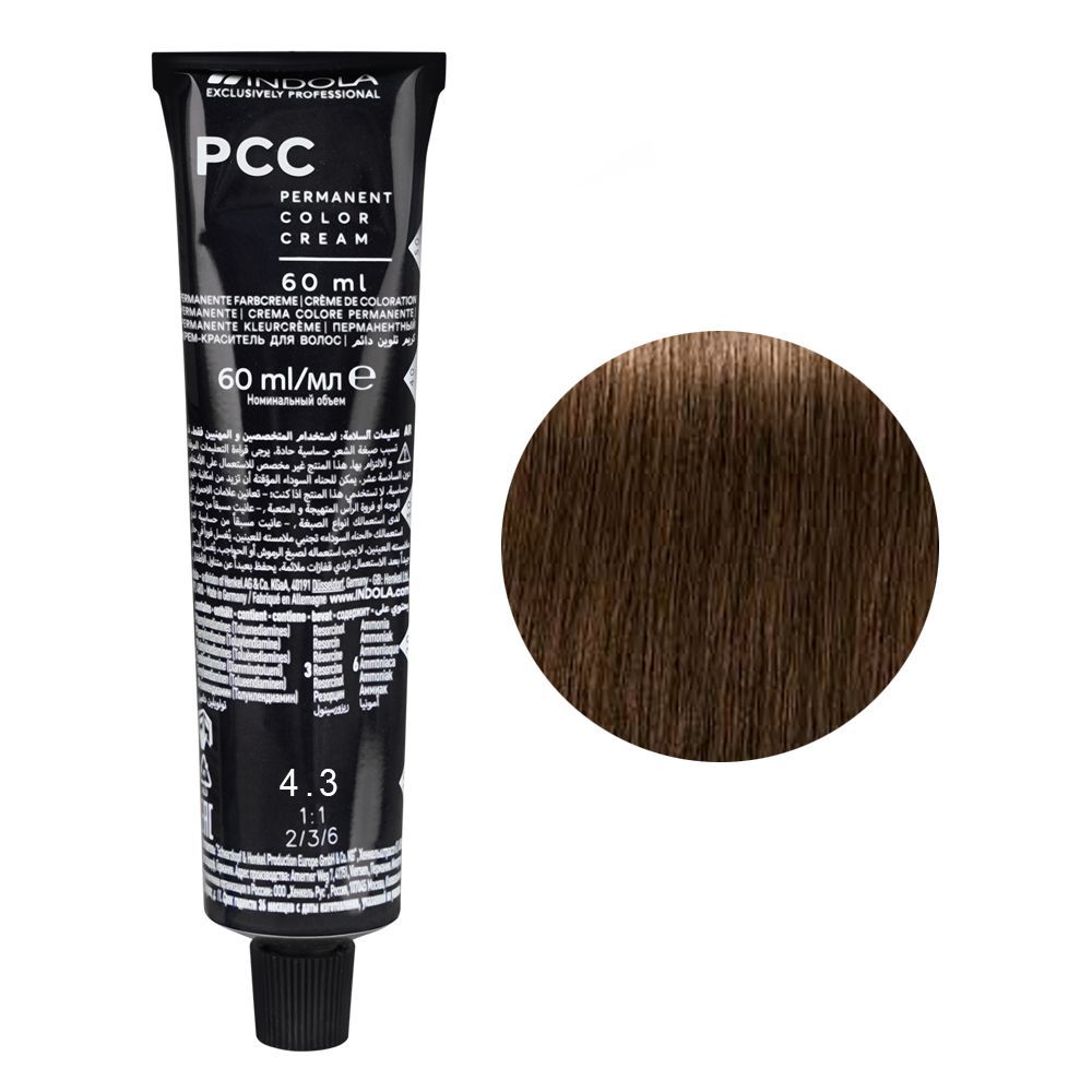 Indola PCC Fashion Permanent Hair Color Cream, 60ml, 4.3 Medium Brown Gold -  Front View