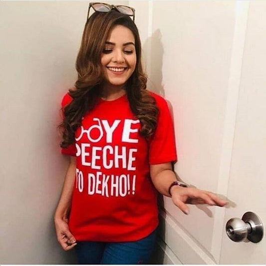 Red Oye Peechay To Dekho Cotton Printed T-shirt For Womens - Front View - AceCart