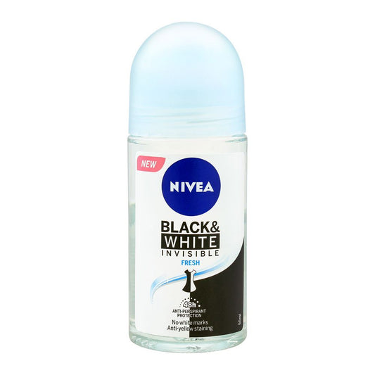 Nivea 48H Black & White Invisible Fresh Anti-Perspirant Roll On Deodorant, For Women, 50ml - Front View