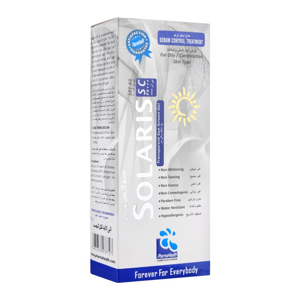 Solaris SC PA+++ SPF 40 Transparent Sunscreen Gel, For Oily & Combination Skin, Paraben Free, 45ml - Front View