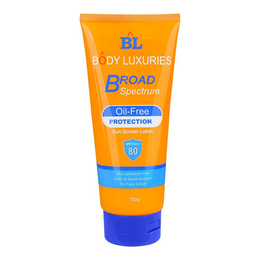 Body Luxuries Broad Spectrum Sun Screen Lotion, SPF 80, PA+++, Water & Sweat Resistant, Ultra Lightweight Feel, 150g - Front View