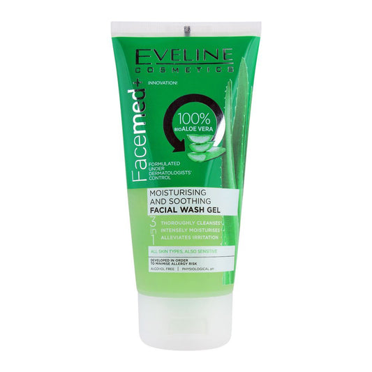 Eveline 3-In-1 Facemed 100% Bio Aloe Vera Moisturising And Soothing Facial Wash Gel, Alcohol Free, All Skin Types, 150ml - Front View