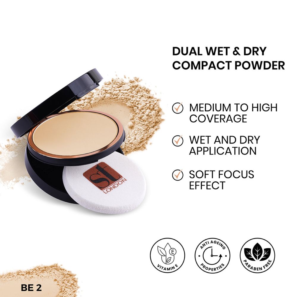 ST London Dual Wet & Dry Compact Powder, BE 2, High Coverage, SPF 15, With Vitamin E - Front View