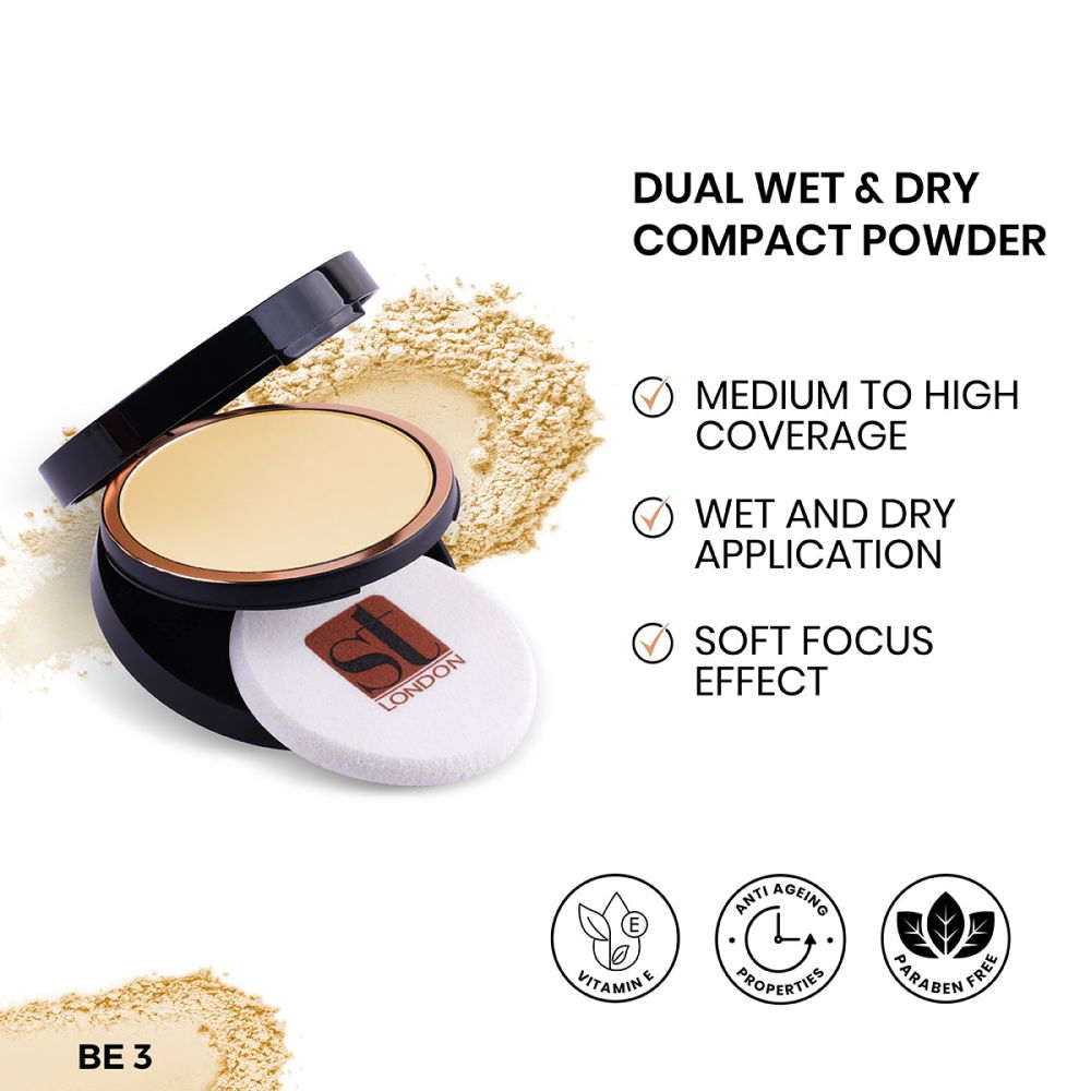 ST London Dual Wet & Dry Compact Powder, BE 3, High Coverage, SPF 15, With Vitamin E - Front View