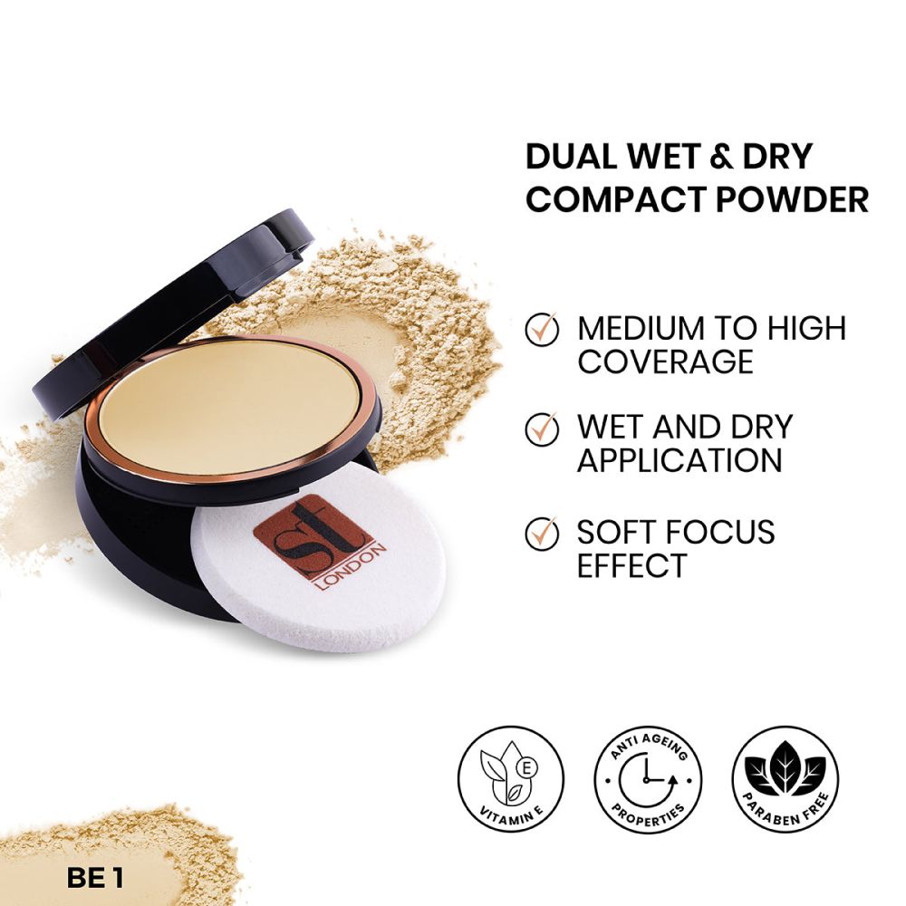 ST London Dual Wet & Dry Compact Powder, BE 1, High Coverage, SPF 15, With Vitamin E - Front View