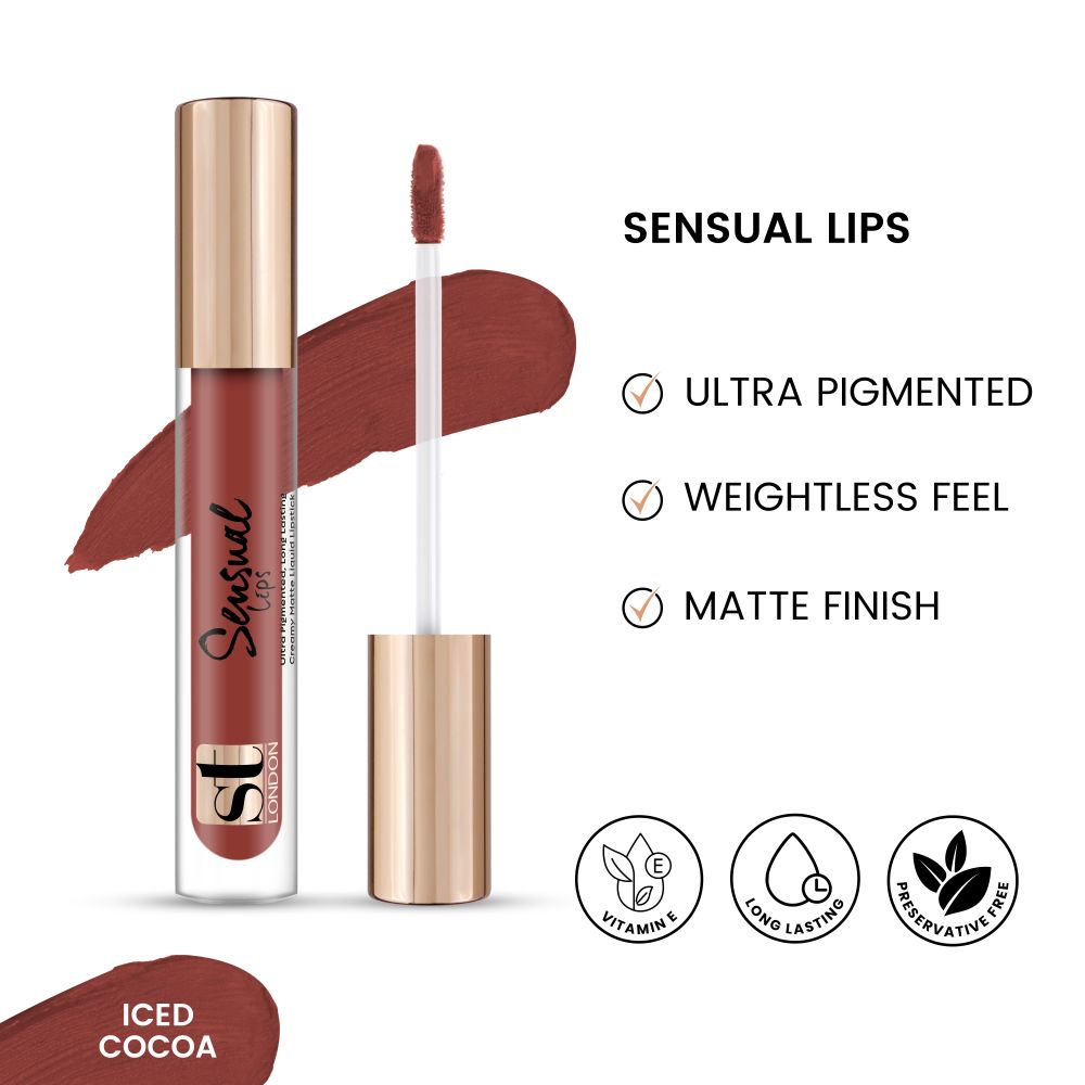 ST London Sensual Lips Creamy Matte Liquid Lipstick, Ultra Pigmented, Long Lasting, Iced Cocoa, 3.5ml - Front View