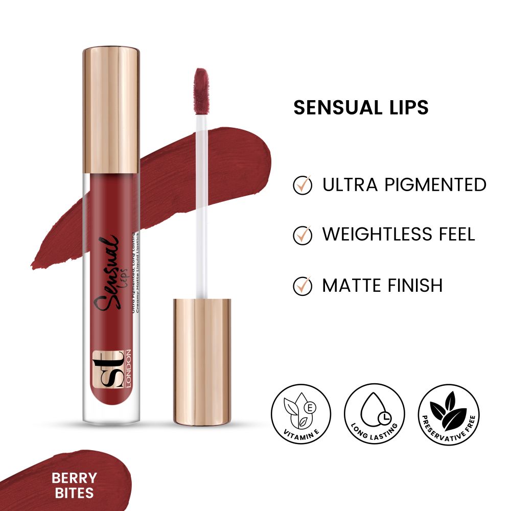 ST London Sensual Lips Creamy Matte Liquid Lipstick, Ultra Pigmented, Long Lasting, Berry Bites, 3.5ml - Front View
