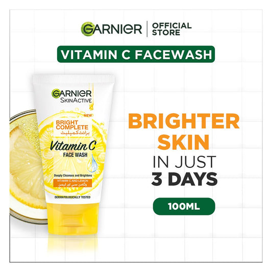 Garnier Skin Active Bright Complete Vitamin C Face Wash, 100ml - Cleanse, Remove Impurities, And Brightens Your Skin - Front View